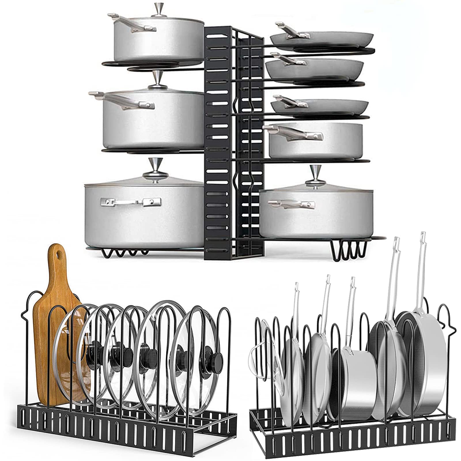 Toplife Doppelseitiger Pfannenhalter, Deckelhalter mit 8 verstellbaren Teiler, ideal Topfdeckelhalter in 2 DIY-Methoden, Schwarz