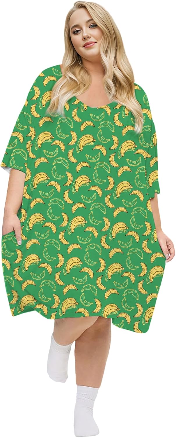 KFUBUO Plus Size Nightgowns for Women V-Neck Sleep Tshirts Dress Pjs Lounge Short Sleeves Sleepwear With Pocket Fit S-5XL