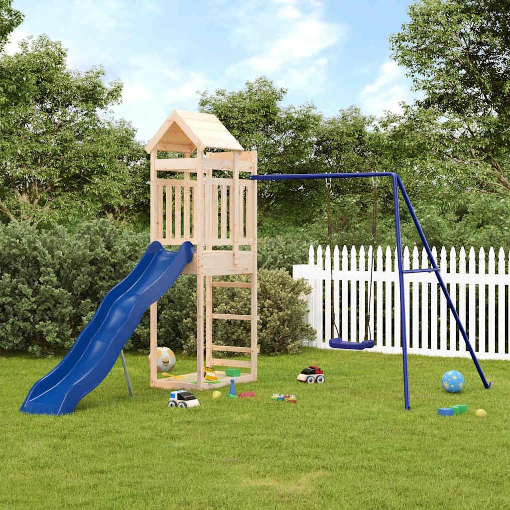 Torre da gioco in legno di pino massiccio con scivolo ondulato e altalena singola, struttura da arrampicata per bambini da 3 a 8 anni, parco giochi da giardino con sabbiera, robusto