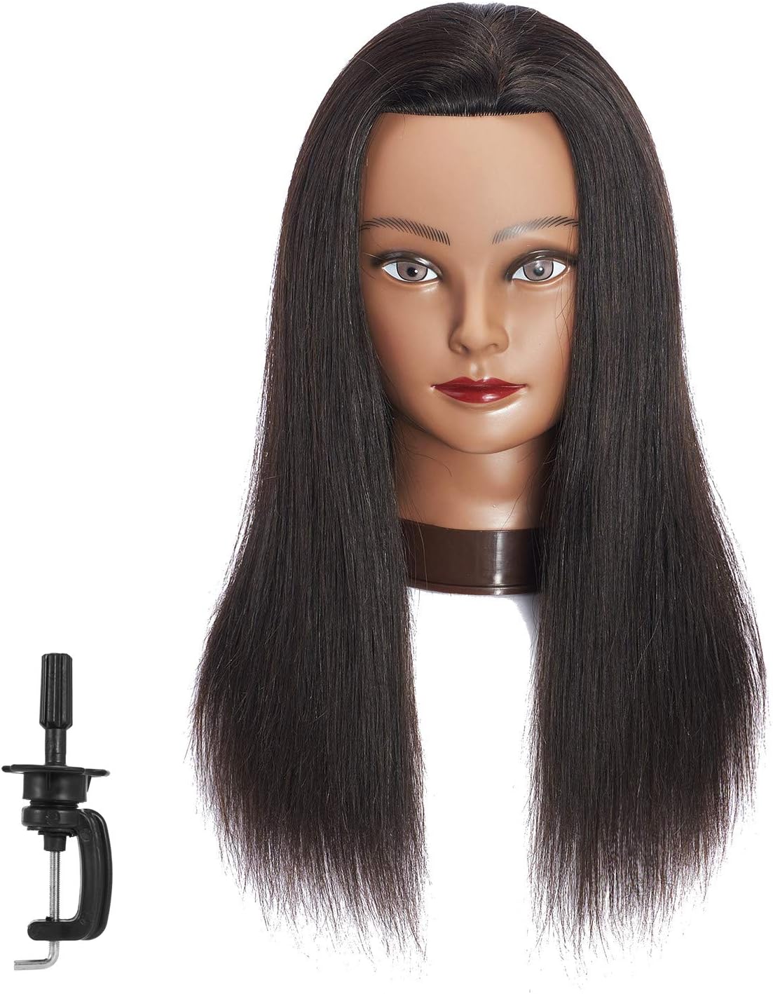 Traininghead 20-22" Female 100% Human Hair Mannequin Head Hair Styling Training Head Cosmetology Manikin Head Doll Head for Hairdresser with Free Clamp (Black)