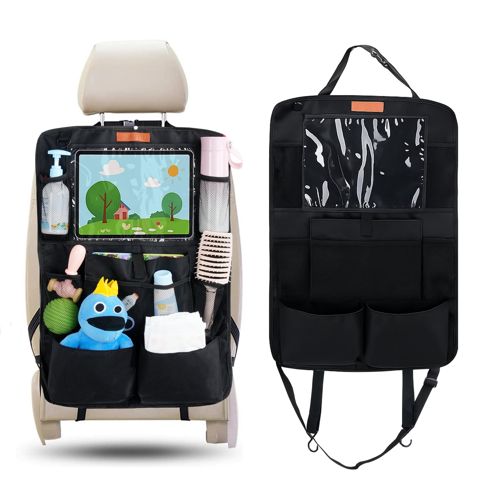 SURFOU Children's Car Organiser, Large Backrest Protection, Seat Protector with Multi Pocket Storage Bag, Dirt-Repellent Car Seat Protection for Travel, 600D Oxford Waterproof, Black
