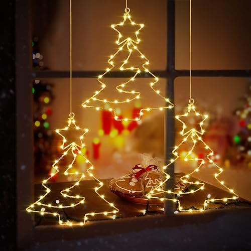 Raymall - 3 luces de ventana de Navidad, 55 LED alimentadas por pilas, luces de silueta de ventana de Navidad con temporizador, 8 modos de
