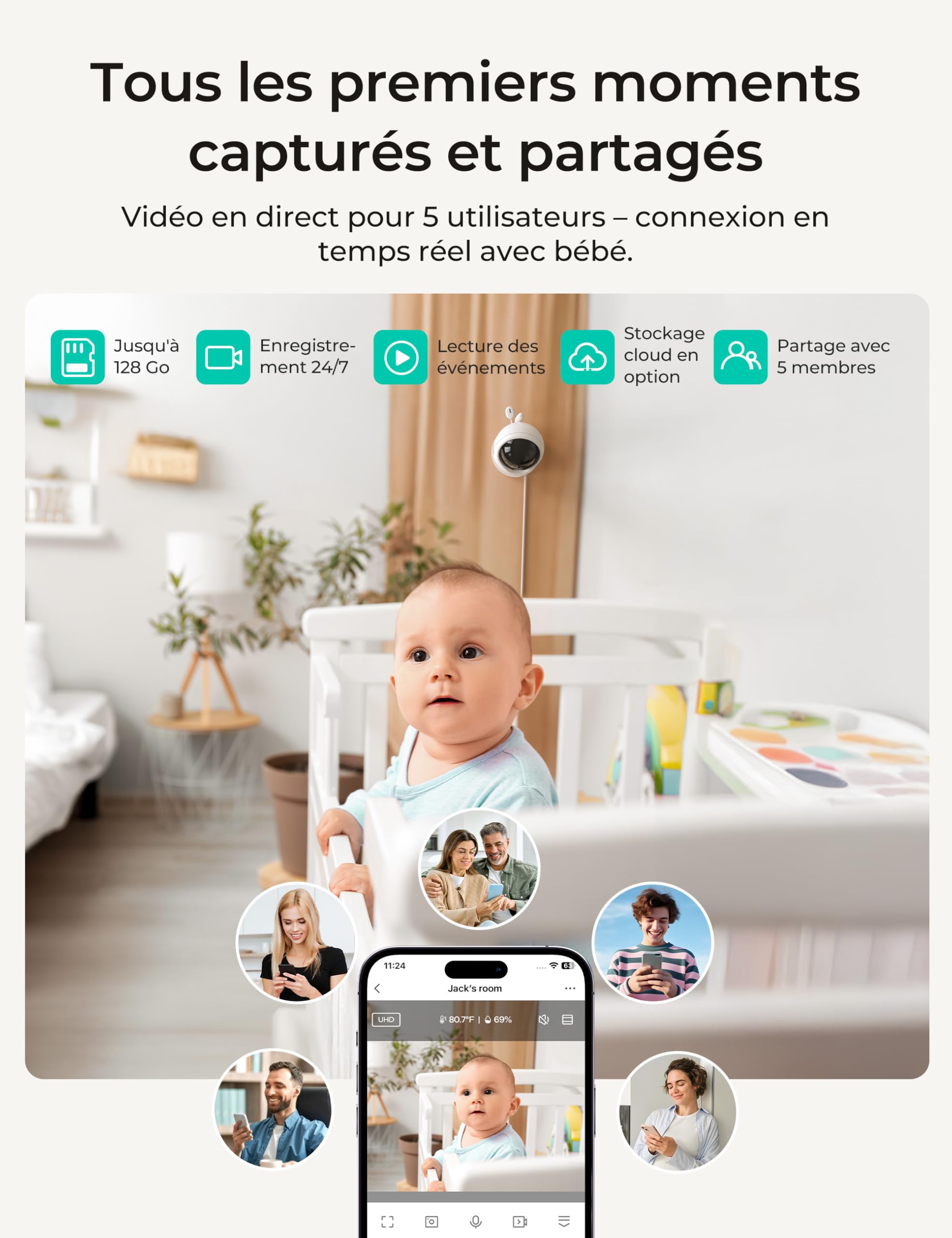 Dr.Care Babyphone Camera et APP, 1080P Camera Bebe, 4" 720P Écran Divisé, Alertes de Mouvement, Vision Nocturne HD, Parler à Deux, Multi-utilisateur, Triple Sécurité, VistaView Lite RB Smart WLAN