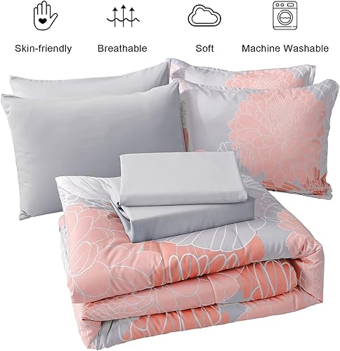 Miniatura 7 de Yiran Juego de edredón de 7 piezas color gris rubor floral en una bolsa, juego de ropa de cama de microfibra suave, tamaño Queen de 90 x 90 pulgadas