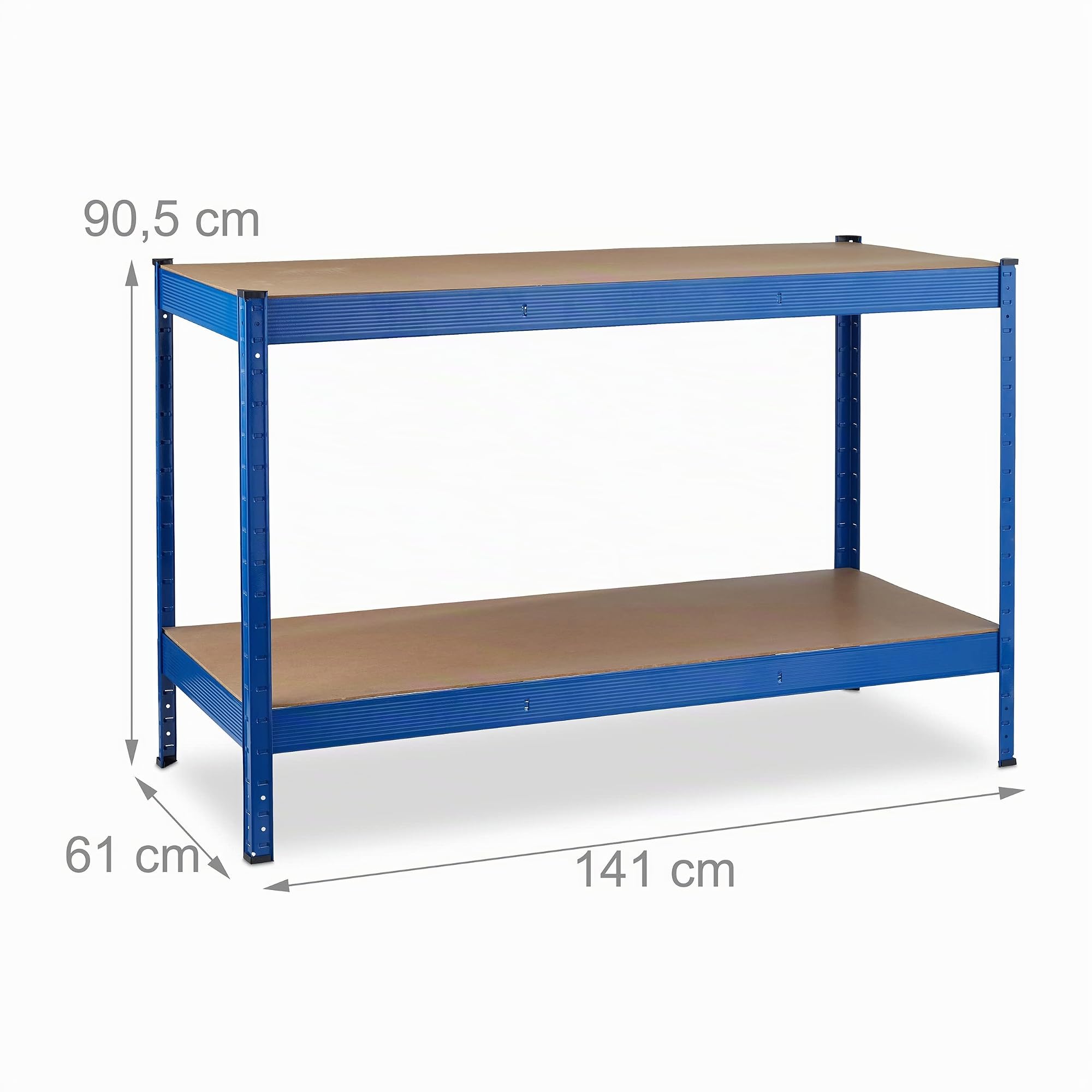Relaxdays Banco da Lavoro Officina, Tavolo da Garage, 2 Scaffali, Altezza Regolabile, Acciaio e MDF, 90,5x141x61 cm, Blu