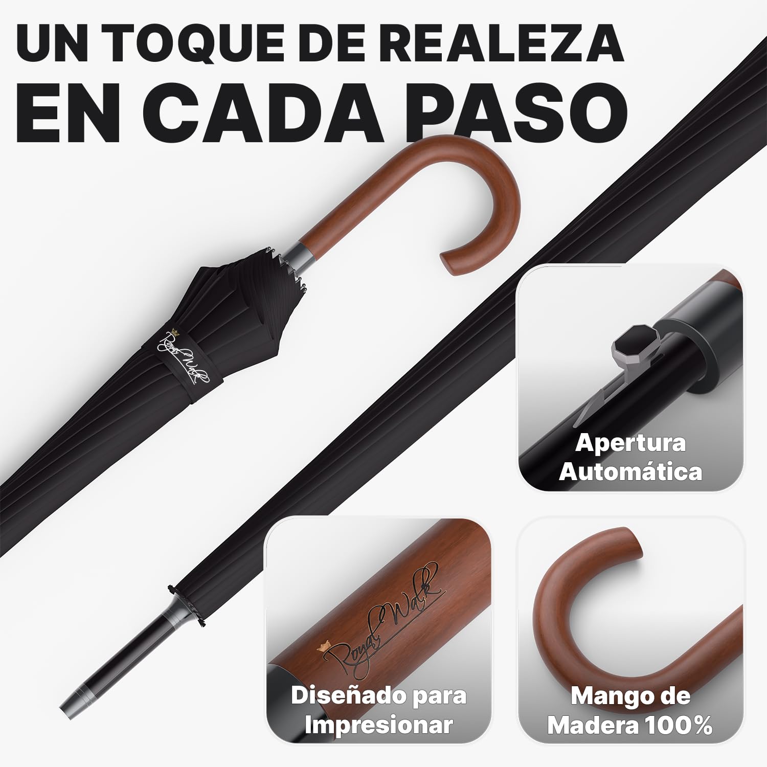 Royal Walk Paraguas Antiviento Automático 54 Pulgadas 120cm 16 Varillas Impermeable Negro