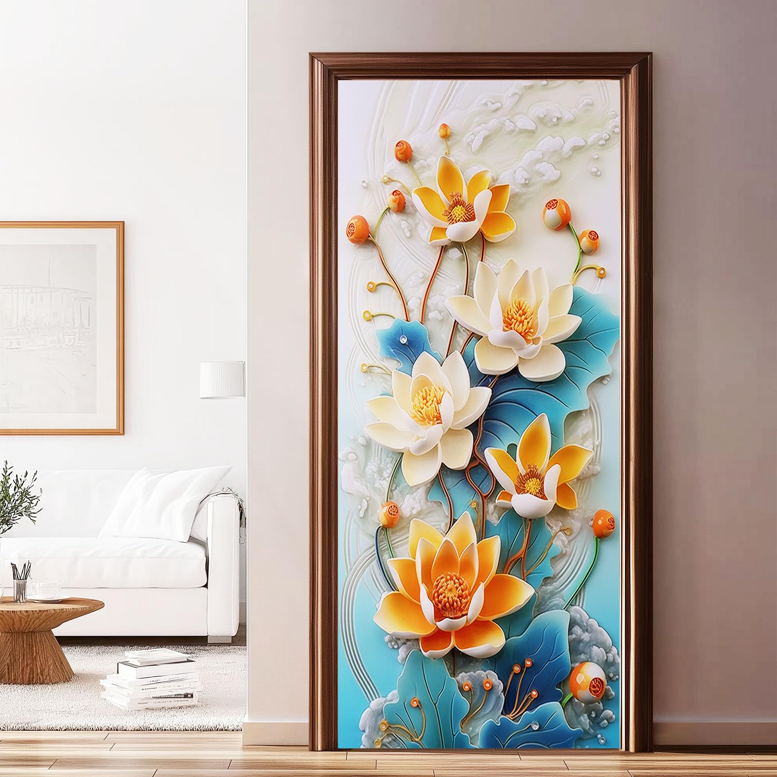 Floreale Lotus - Poster adesivo da parete, autoadesivo, motivo 3D cinese, piante foglie, blu adesivi per porta in PVC, per camera da letto, soggiorno, cucina, 95 x 215 cm