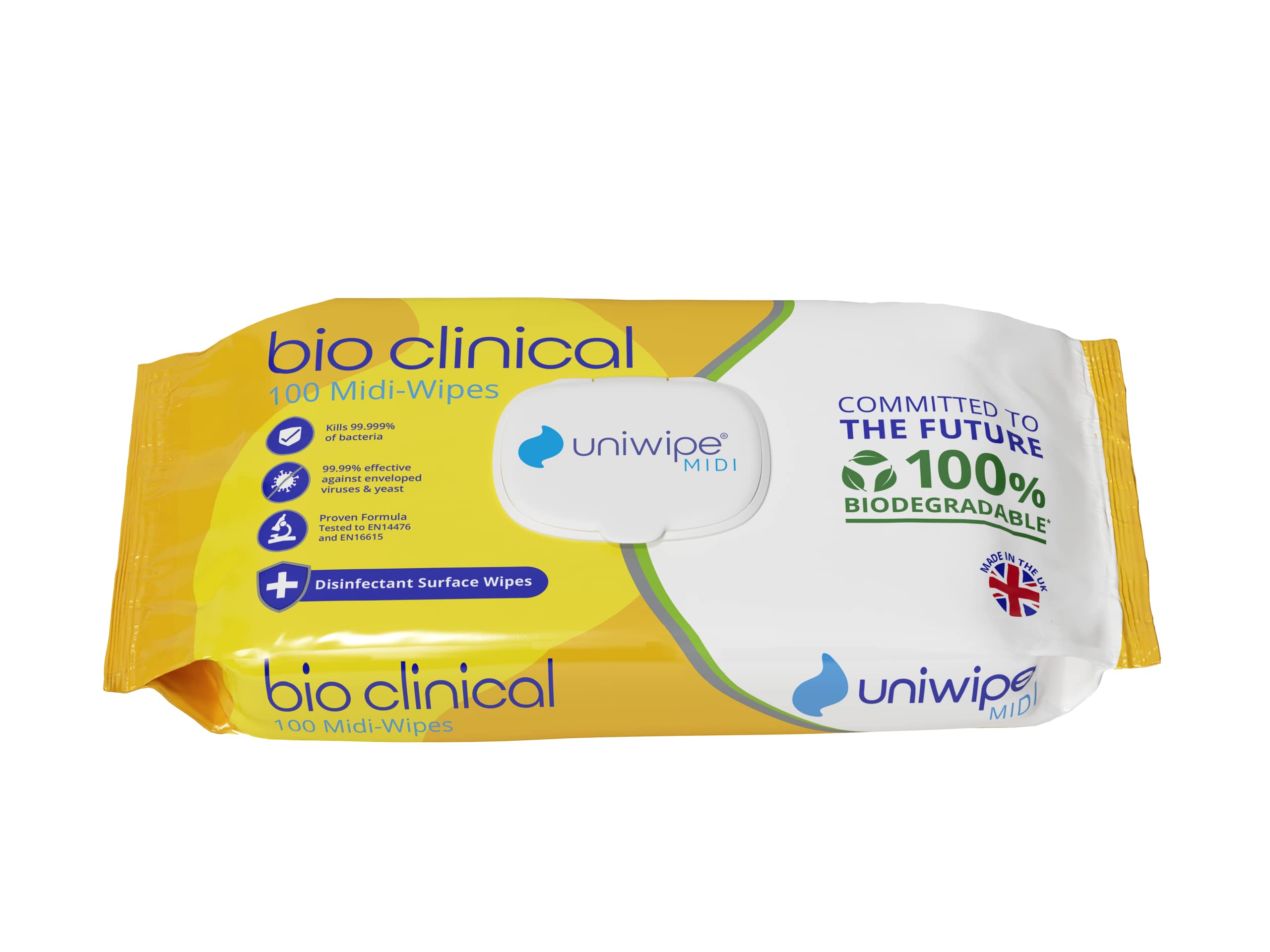 Uniwipe Biodegradable Clinical Wipe - Disinfectant Surface Cleaning Wipe Plastic Free Pack of 100 Wipes