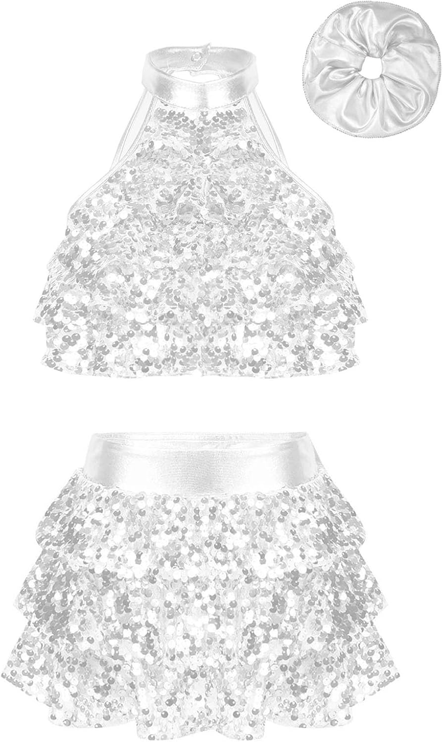 iiniim Kids Girls Sparkle Metallic Hip Hop Dance Dress Outfits Crop Top with Skirted Hair Band Ballroom Competition