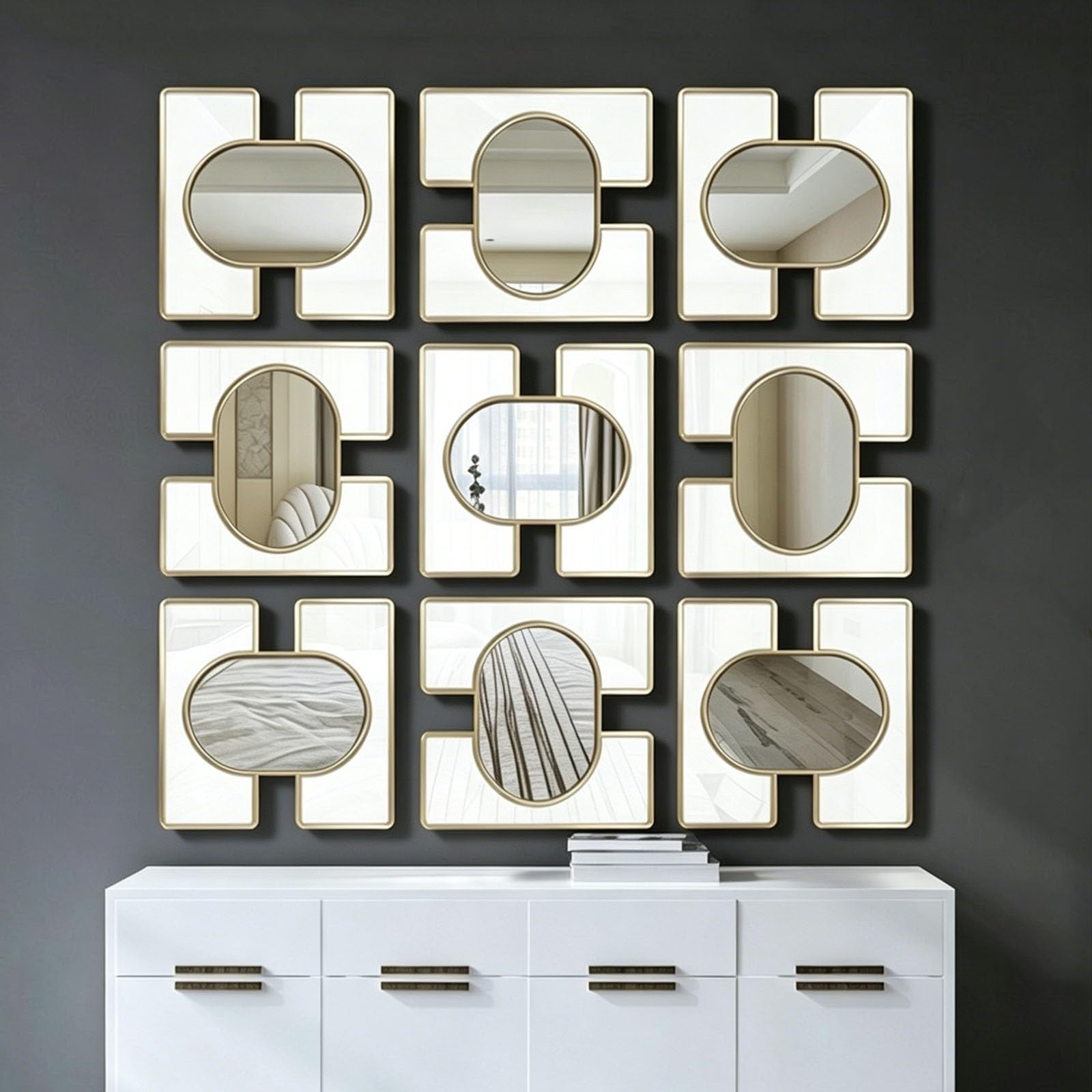 DAJIAYIQI Gold Mirror Wall Decor, Mirrored Hanging Modern, 3D Creative Wall Art Décor for Home Living Room Bathroom Office(9pcs)