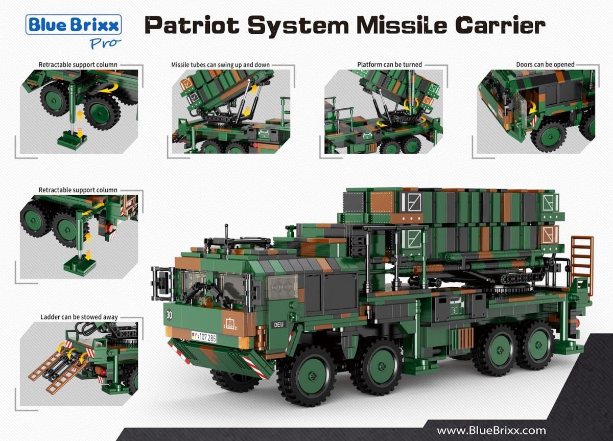 BlueBrixx Pro 107286 – Patriot System Raketenträger, Bundeswehr aus Klemmbausteinen mit 1612 Bauelementen
