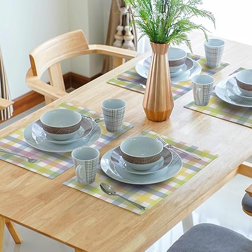 Miniatura 7 de Juego de 4 manteles individuales de primavera y Pascua, de lino, a cuadros, color rosa y verde, lavables, antideslizantes, resistentes al calor, 12