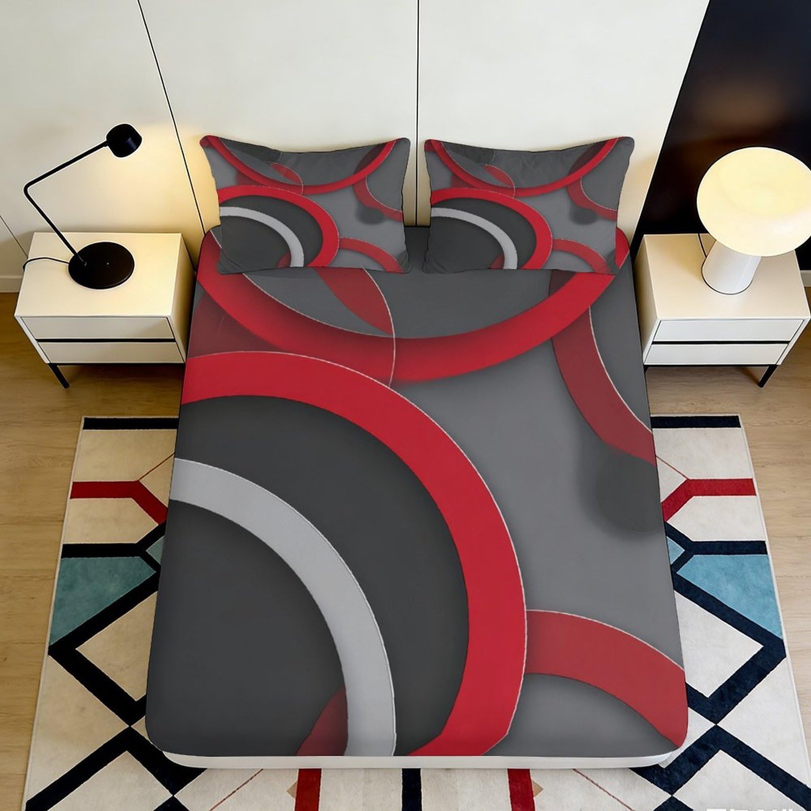 Qjzxknhpgr Style-6 3D Printed Abstract Red Circles Fitted Sheet Microfiber Soft Breathable Grey Geometric Bed Cover For Bedroom Guest Room Decor 90X200x25cm