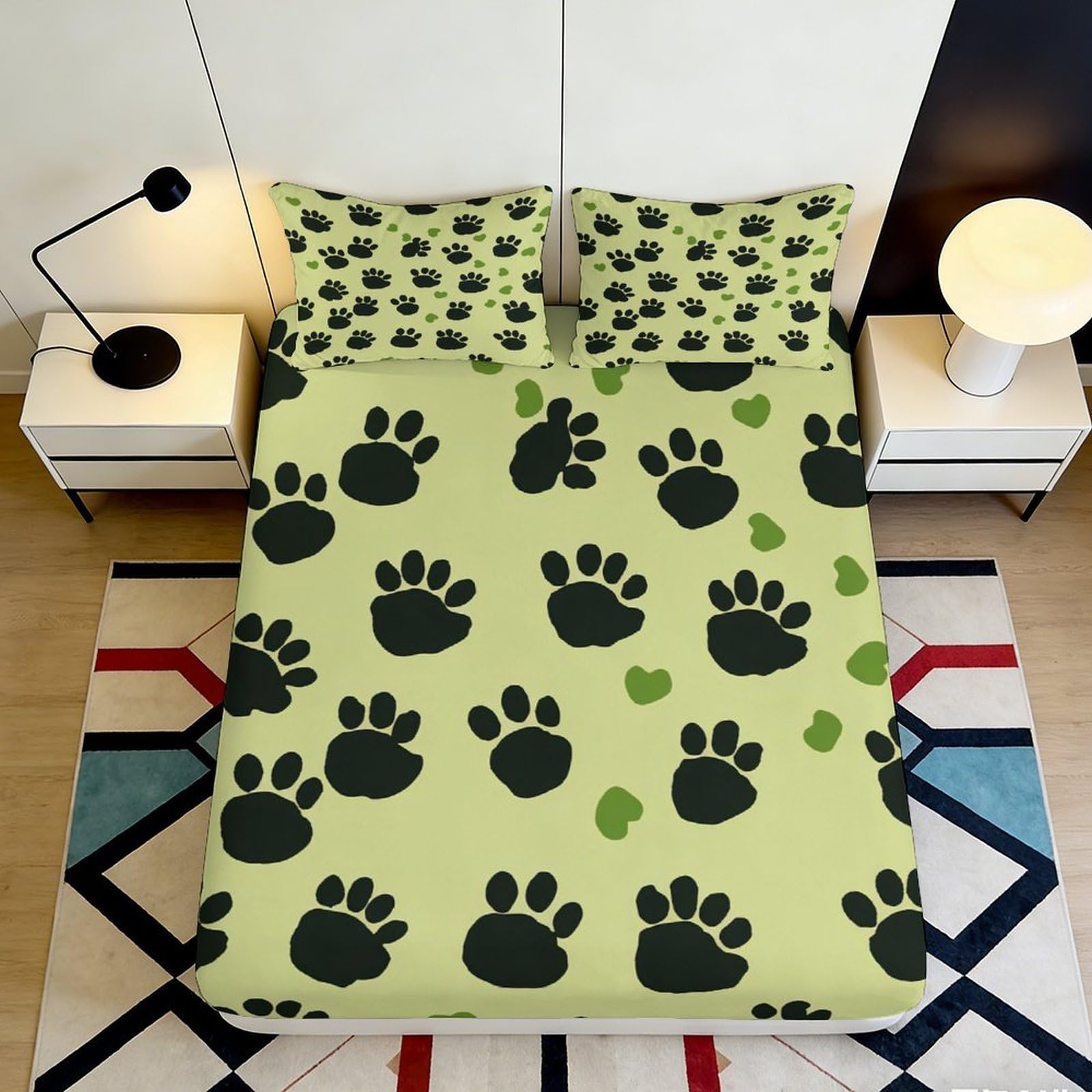 3D Printed Green Paw Print Fitted Sheet Microfiber Soft Breathable Black Paw Pattern Mattress Cover for Bedroom Dormitory Guest Room Mattress Protection 120x200x25cm