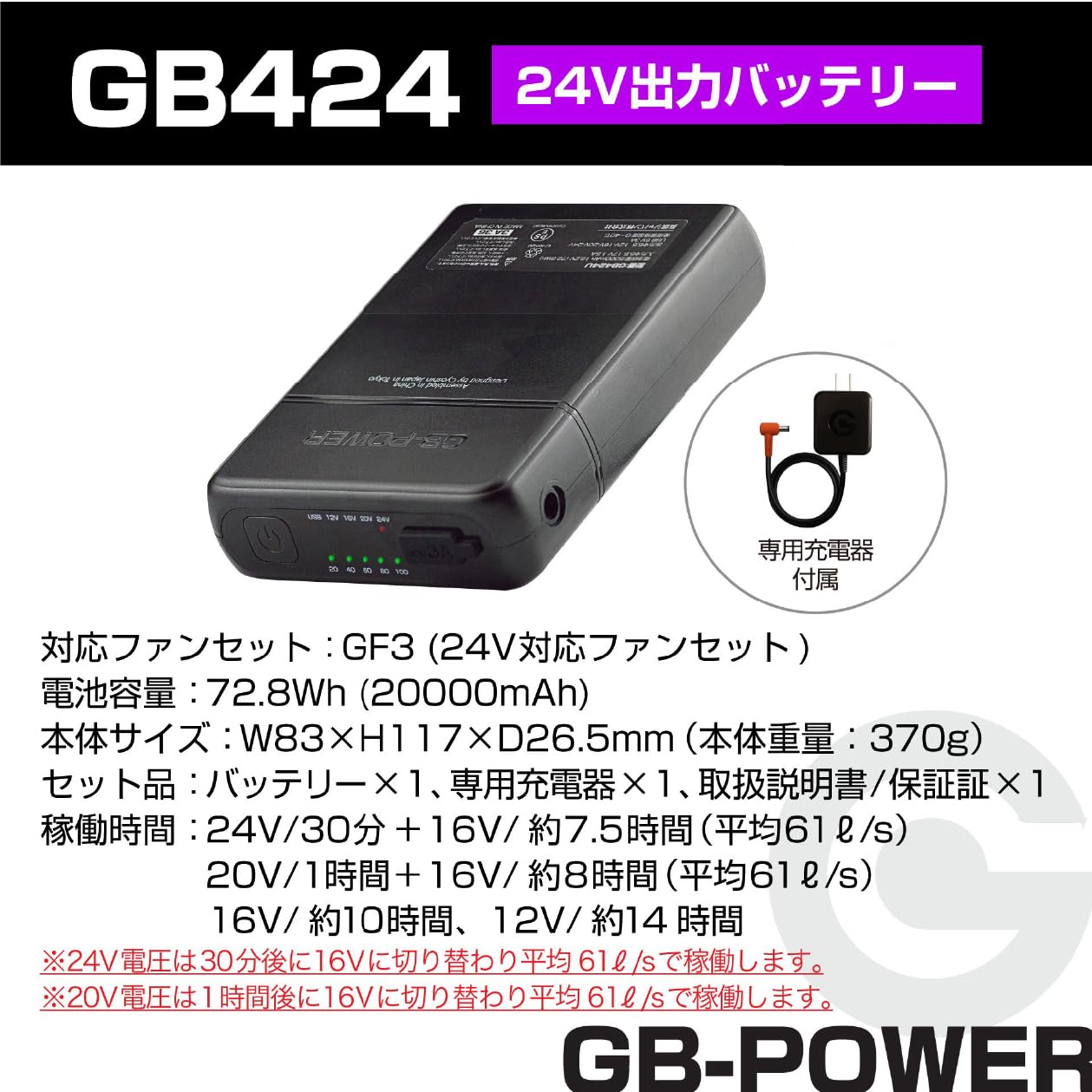 GB424 24Vバッテリー　GF3 24V対応ファン 長信ジャパン GF3-GB424-SET（ファン+バッテリーセット）｜空調