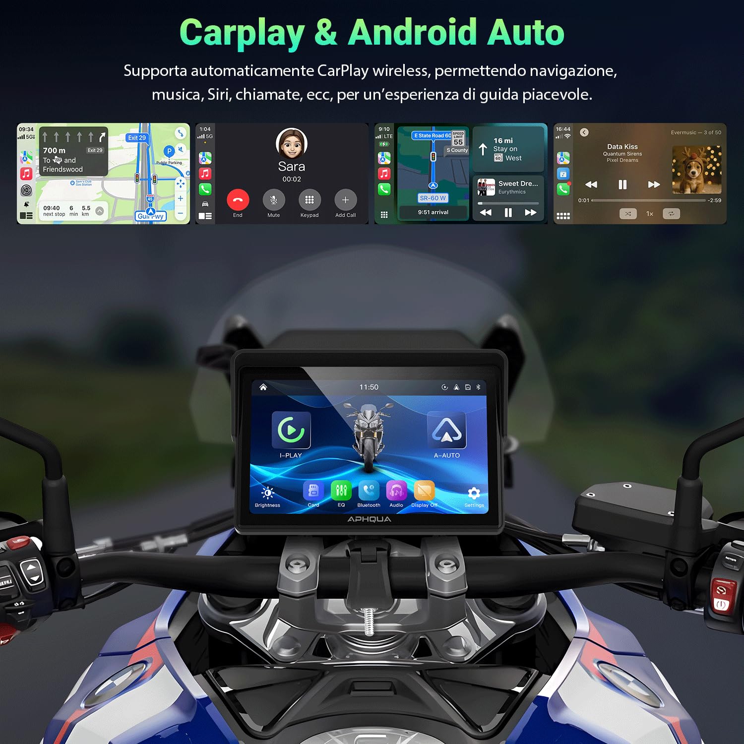 Schermo Moto 5" CarPlay e Android Auto Senza Fili – Touchscreen impermeabile IP67 per moto con Navigation GPS, Bluetooth Trans, Siri, Vivavoce - Modello A522