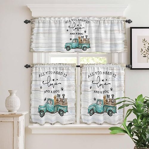 Miniatura 2 de Juego de cenefas y niveles de cortina de cocina, camión azul con bolsillo para barra de perro, juego de 3 piezas de cortina de ventana de grano de