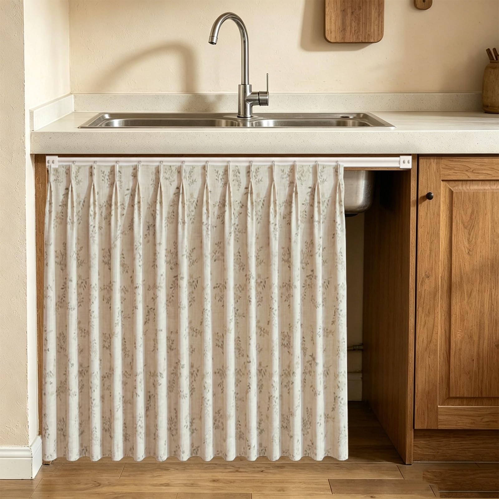 Plaid Tendina Sottolavello Cucina Rustica, Tenda per Finestra Della Cucina con Binario di Scorrimento Senza Foratura, Lavabile(White 3,141.7" W x 39.4" H)