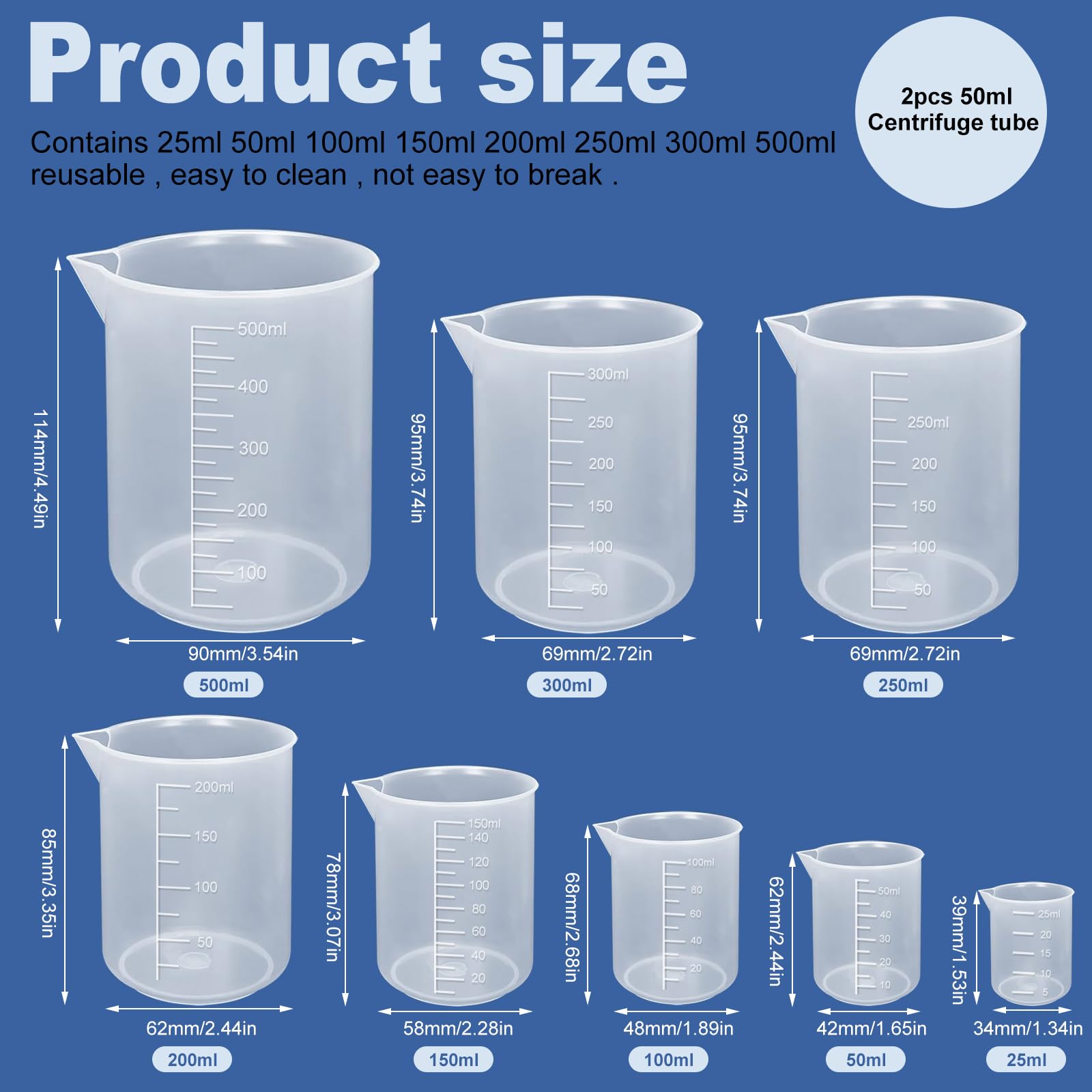 Juego de 10 vasos medidores de laboratorio 25/50/100/150/200/250/300/500 ml de plástico con 2 tubos de centrífuga para mediciones diarias de laboratorio