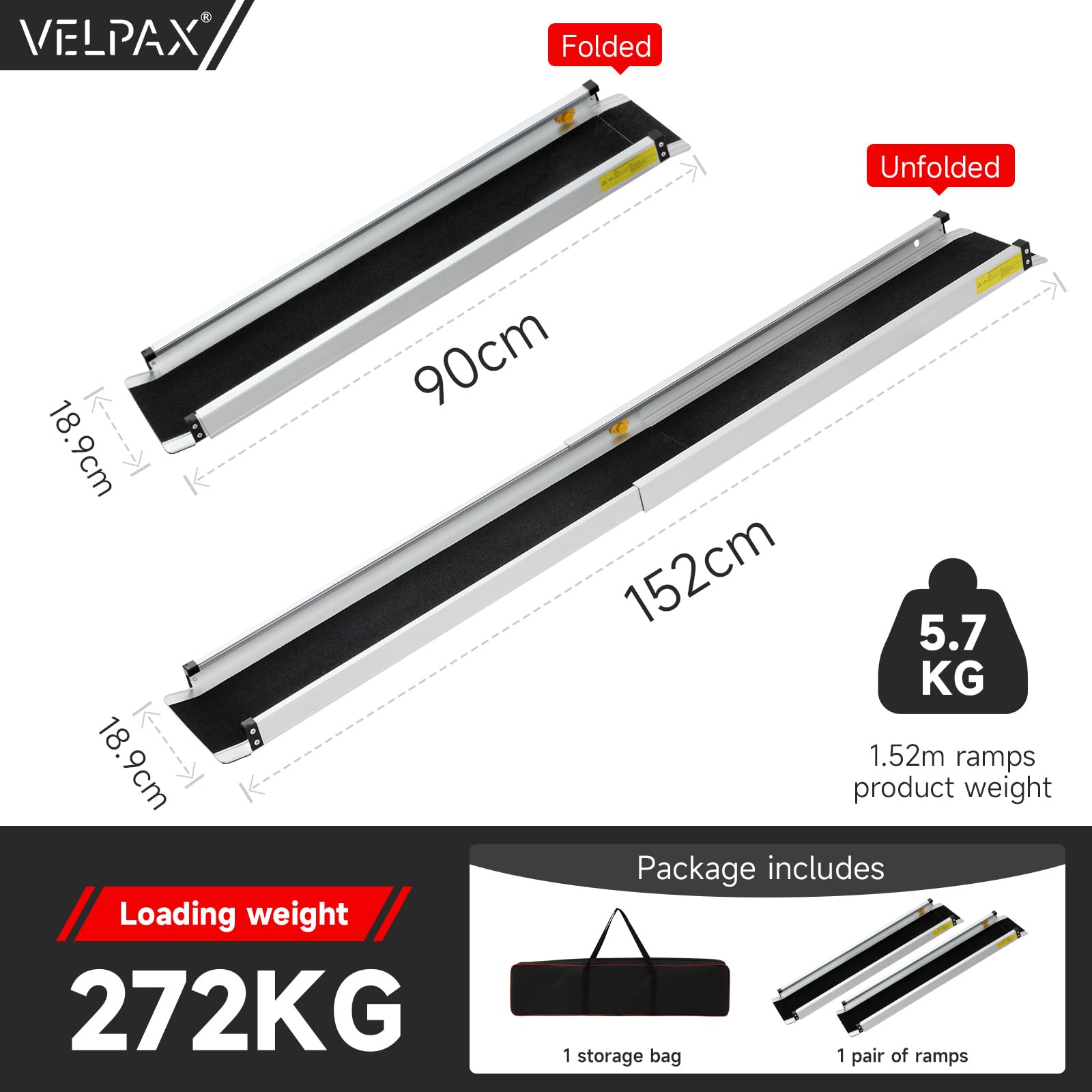 2 PCS Rampa para Silla de Ruedas, Rampa de Acceso Ajustable de 90 a 152 cm, Carga Máxima 272 kg, Rampas Telescópicas de Longitud Variable con Superficie Antideslizante