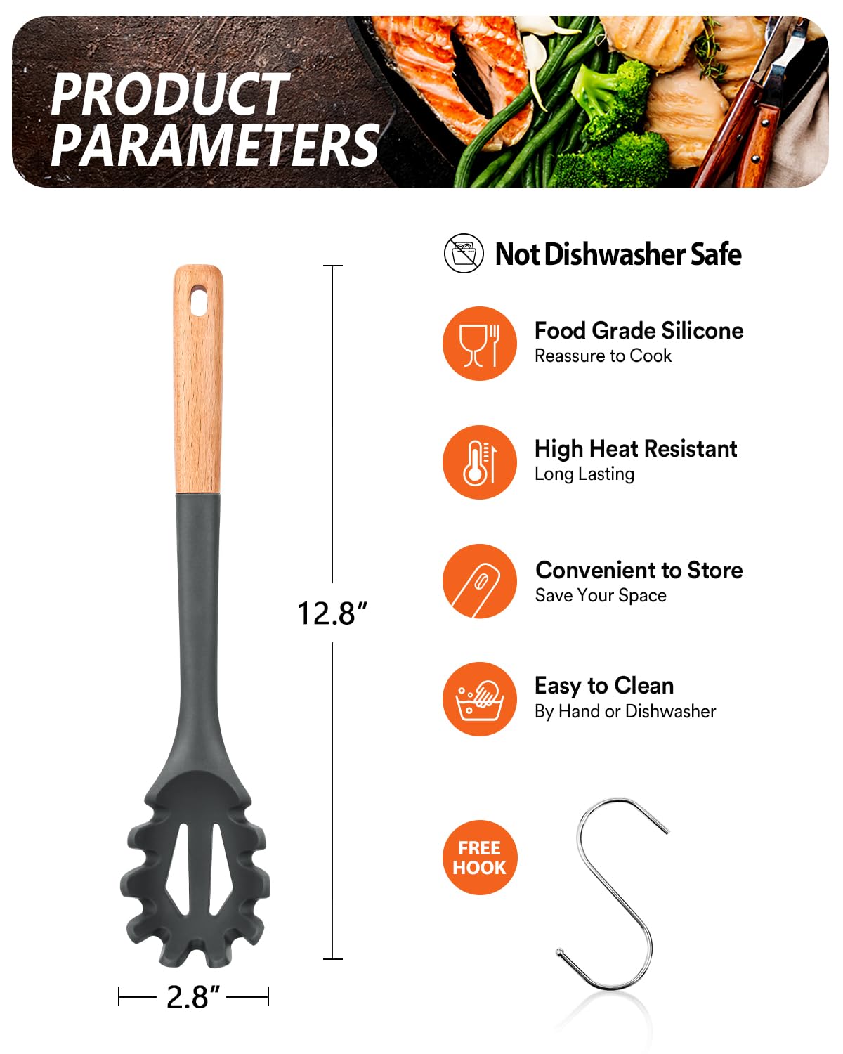 Silicone Pasta Fork, Kitchen Heat Resistant Noodle Spoon Server, BPA Free Spaghetti Strainer,12.8 inch (Black)