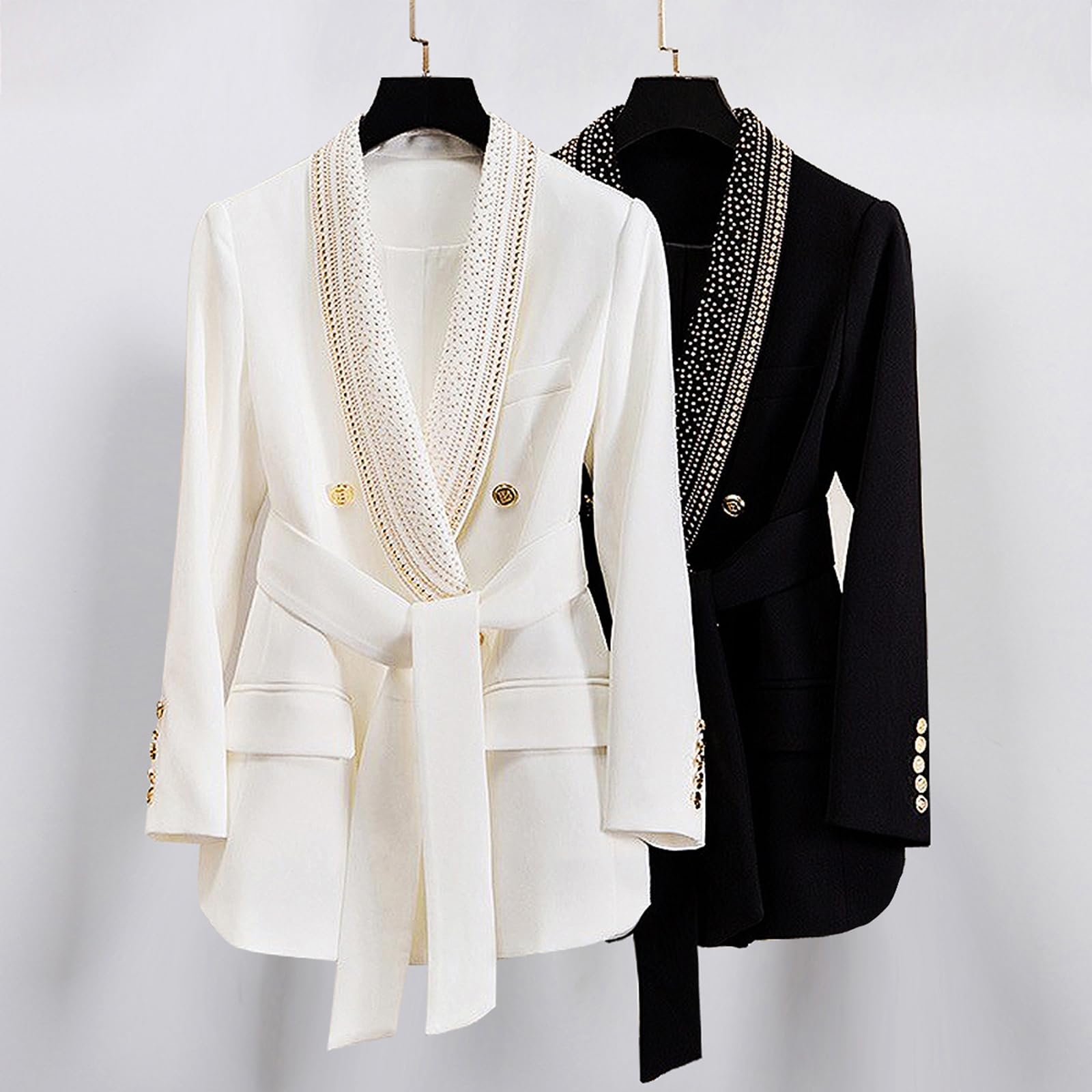 Giacca da Donna di Lusso Modello Blazer Doppiopetto Alla Moda con Strass Scintillanti Collo A Scialle e Cintura