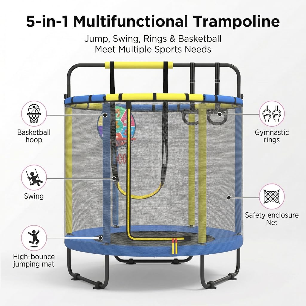 Multifunktionales Kindertrampolin, tragbares Trampolin für drinnen und draußen mit Sicherheitsnetz, Verstellbarer Stange, Basketballkorb, Schaukel und Klimmzugstangen für Jungen und Mädchen