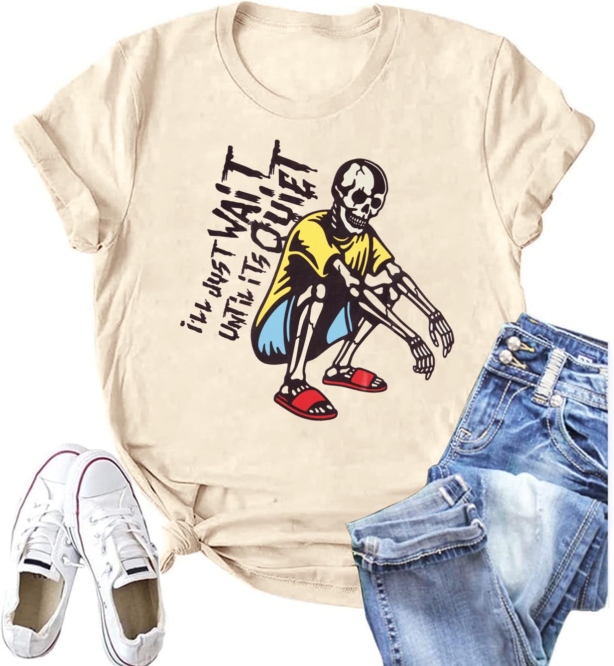 LOTUCYTeacher Shirts Women I'll Just Wait Until It's Quiet T Shirt Funny Halloween Skeleton Tee Tops