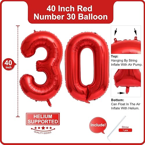 Miniatura 2 de Globo rojo de 40 pulgadas, 30 dígitos gigantes, de papel de aluminio de Mylar para helio para fiesta de cumpleaños de 30 años, decoraciones de