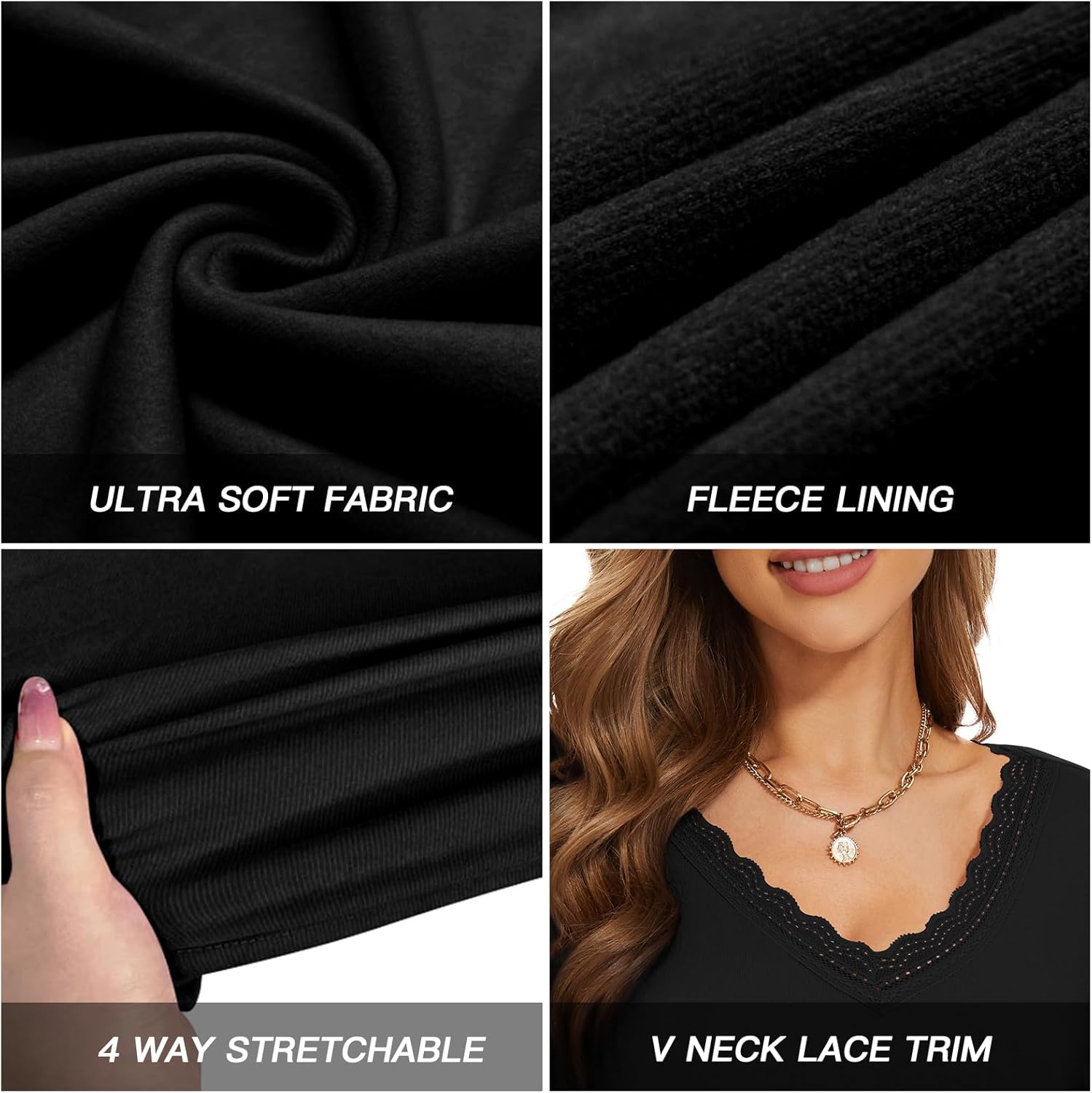 WOWENY Women Thermal Long Sleeve Shirt Fleece Lined Basic Fitted Tops Lace V Neck Undershirts Winter Tight Base Layer - Image 4