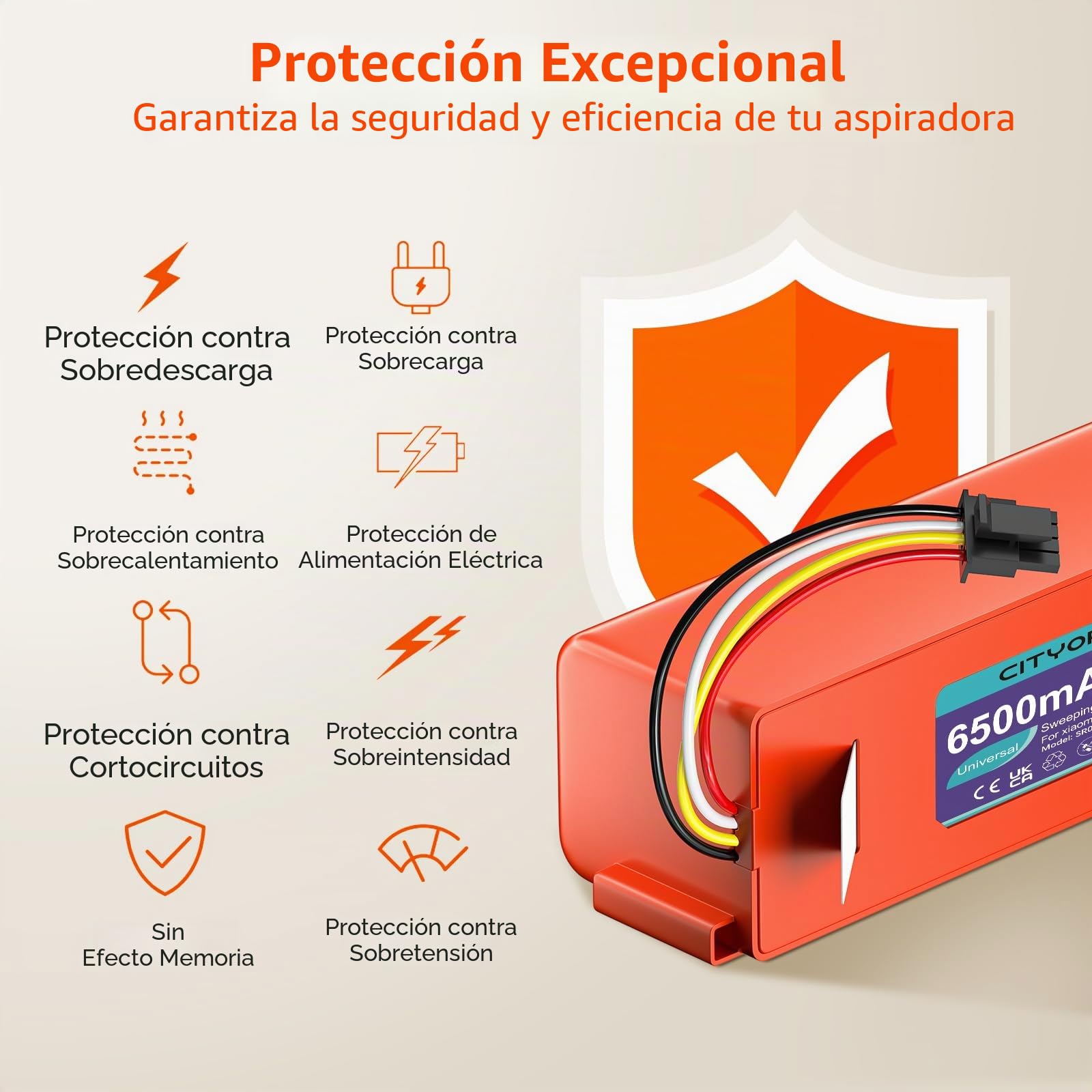 CITYORK Li-Ion Batería de Repuesto para Roborock S50 S5 S6 S7 Pure/MAX/MaxV/MaxV Ultra, para Roborock Q5 Q7 Pro/MAX+ Mijia 1.und 2. Generation Robot Aspirador Batería - 14.4 V 6500mAh