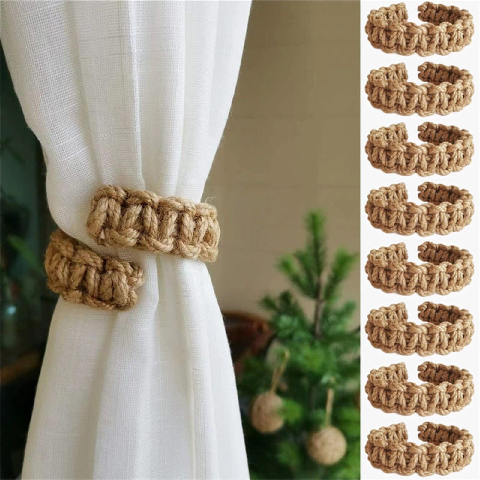 Embrasses de Rideaux en Corde Chanvre tissées à la Main, Support Rangement décoratif avec Plusieurs Crochets, décoration Chambre Coucher, Accessoire, 4 pièces pour Maison