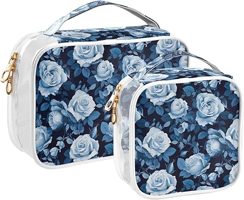 Blue Roses Clear Toiletry Bag for Traveling,2 Pack Makeup Cosmetic Bag with Zipper,Travel Bag for Toiletries,Travel Essentials 21215028