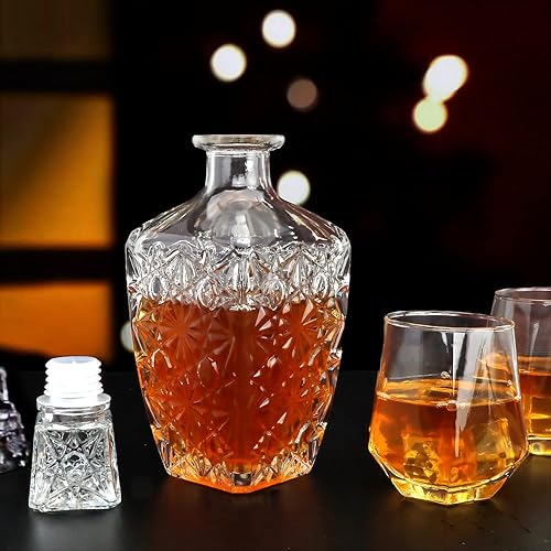 Miniatura 6 de Decantador de gafas, botella de vino con patrón de diamante de 26 onzas con tapa, delicado juego de decantadores para tequila, brandy, escocés y