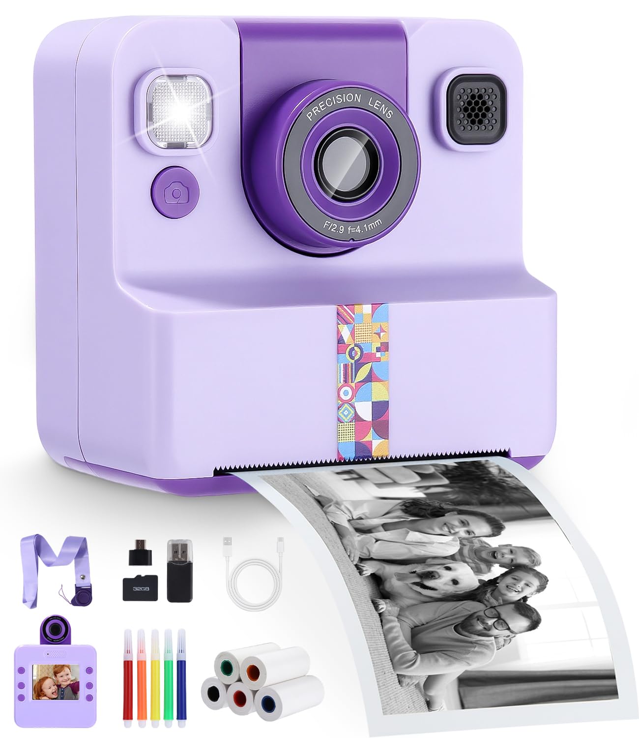 Appareil Photo Enfant, Appareil Photo Instantané Enfant, Kit avec 5 Rouleaux de Papier, 2.4" Écran, Vidéo 1080P et Selfie, Carte 32 Go, Cadeau Créatif pour Fille Garçon 3-12 Ans, Violet