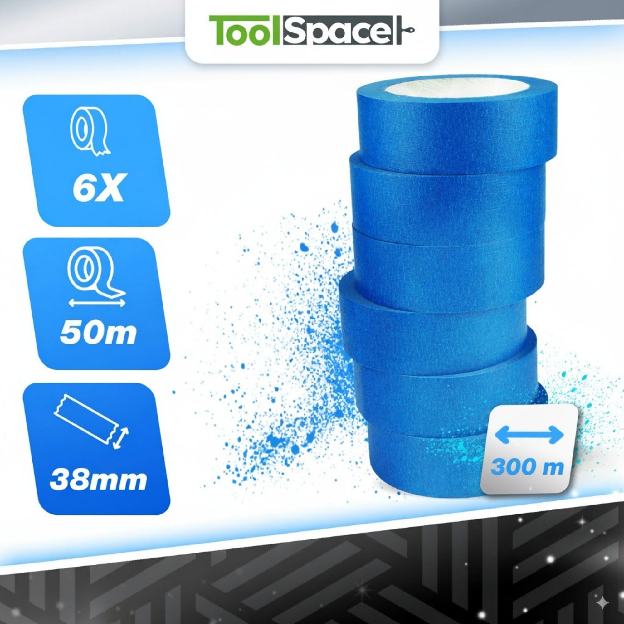 ToolSpace Nastro Carta Blu con Adesivo per Decorazioni - Scotch en Rotoli 38 mm / 50 m per Biancare Mascheratura Precisione - per Pittura Verniciatura Ristrutturare - 6 x 150 m Applicatorecarta