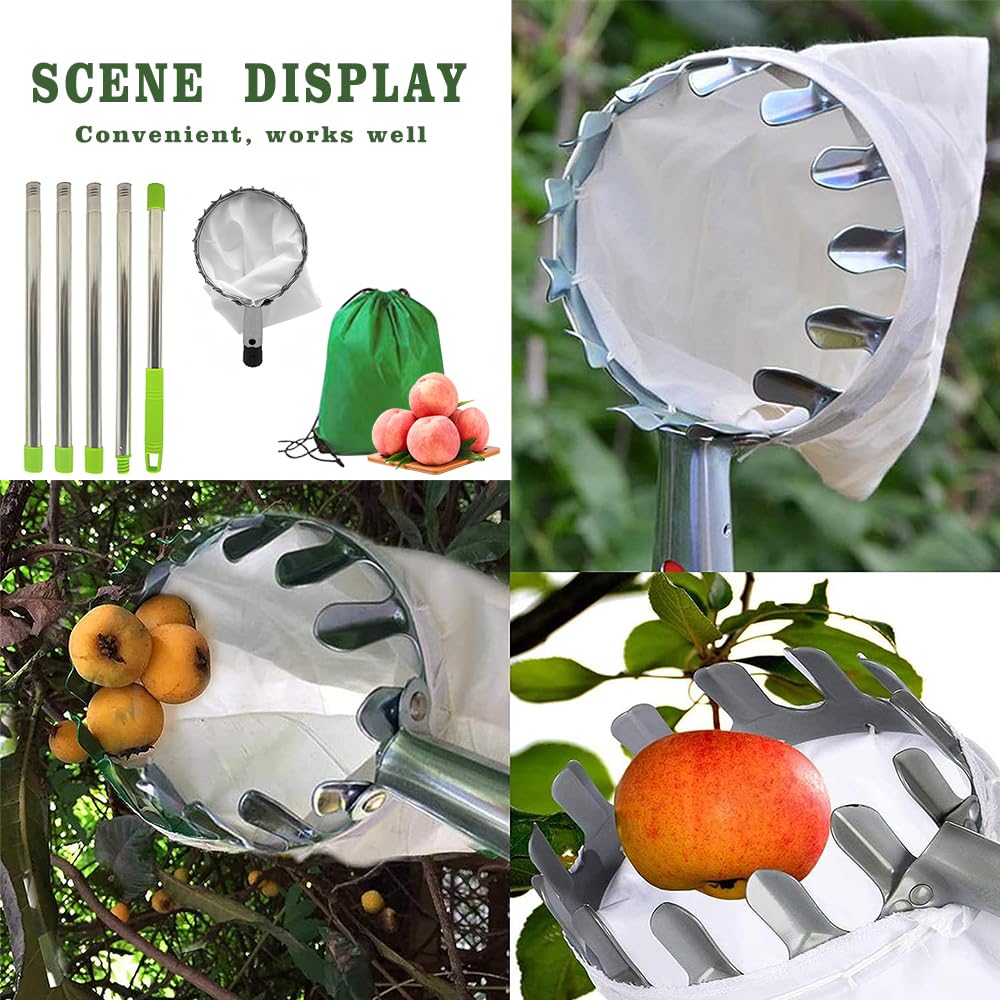 Cueille-fruits Télescopique 2,4 M Avec Sac En Coton - Pour Pommes, Cerises, Haute Portée, Manche 6 Sections Acier Inoxydable