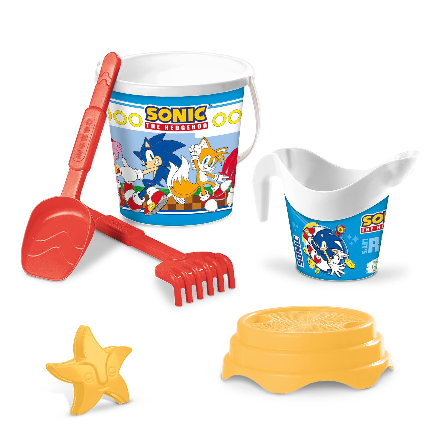 Mondo Toys - BUCKET SET + WATER CAN SONIC - Juego de cubo de arena ø17 cm con jarra de agua - Juego de playa (6 piezas) para niños a partir de 3 años - 28707