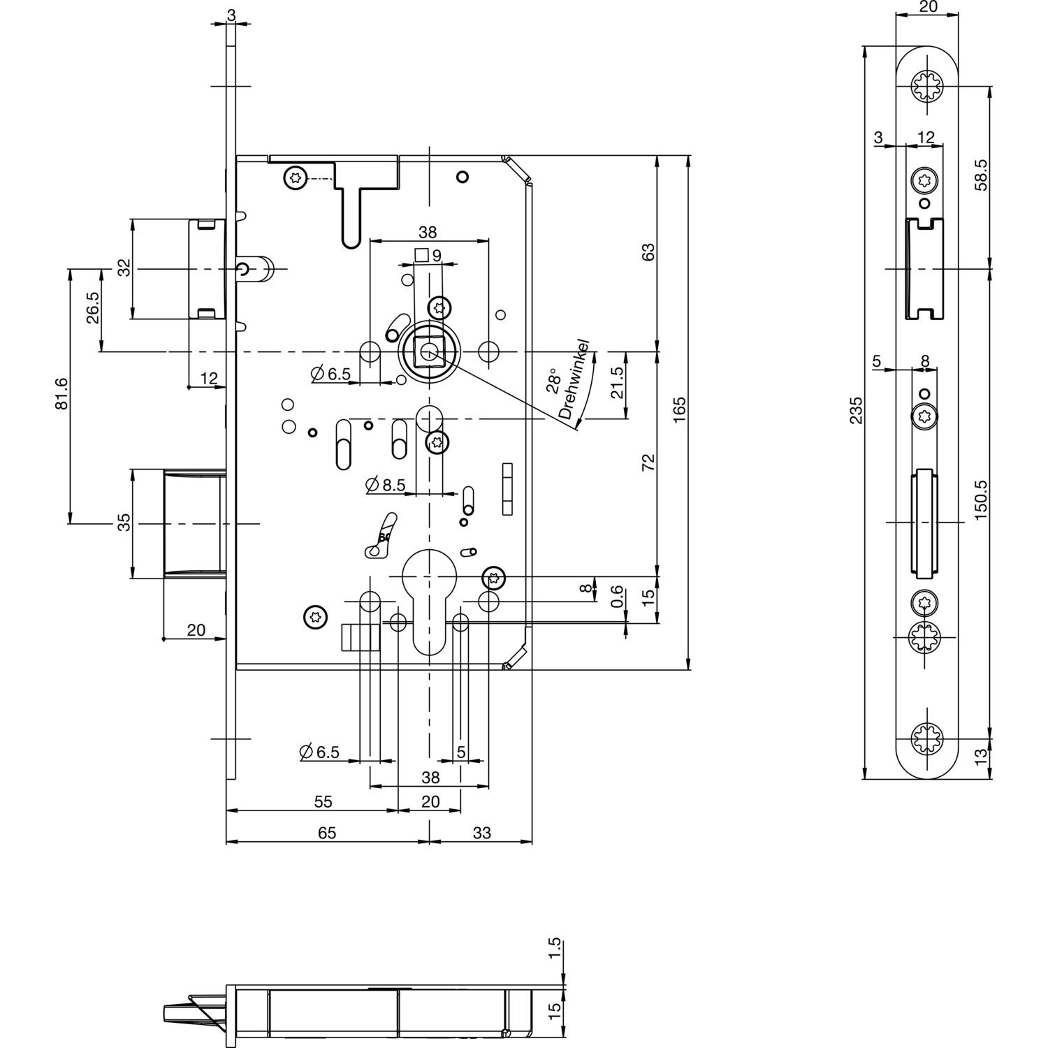 Panik-Einsteckschloss 2320 Fkt.B rd 20/65/72/9mm DIN R VA BKS