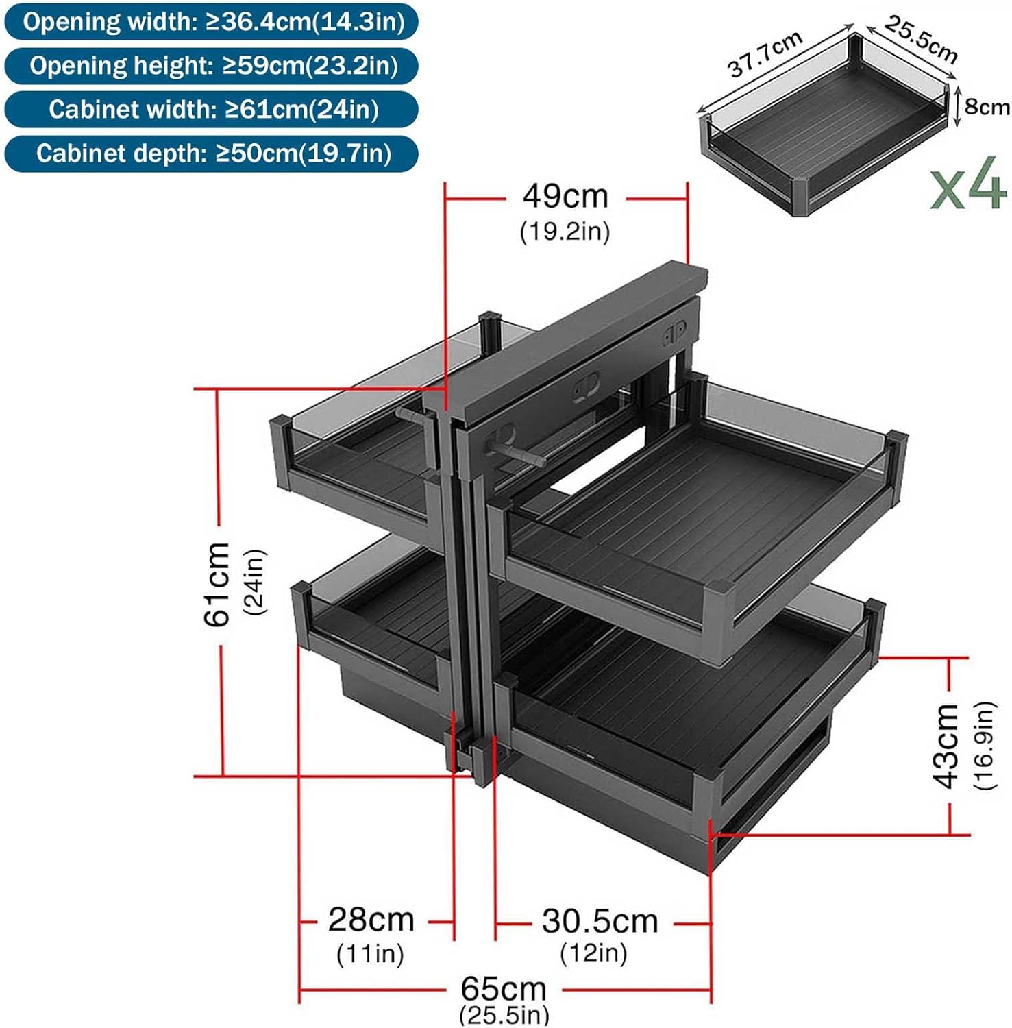 Blind Corner Cabinet Organizer for Minimum Cabinet Size - Pull Out Blind Corner Cabinet with Soft Close 4 Shelf, Carbon Steel Design