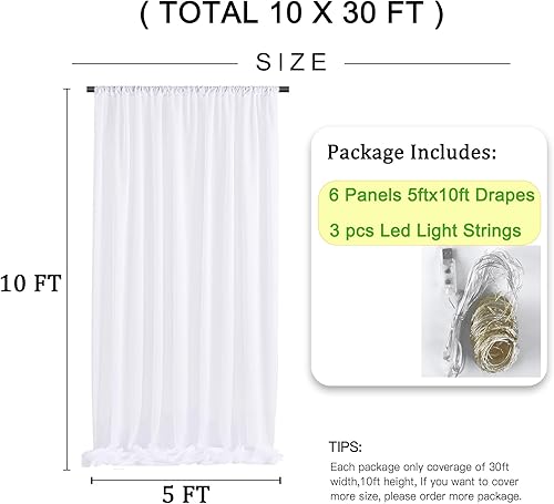 Miniatura 3 de Cortina de telón de fondo de tul champán de 20 x 10 pies con luces, 4 paneles de 5 x 10 pies, cortinas de telón de fondo transparentes sin arrugas