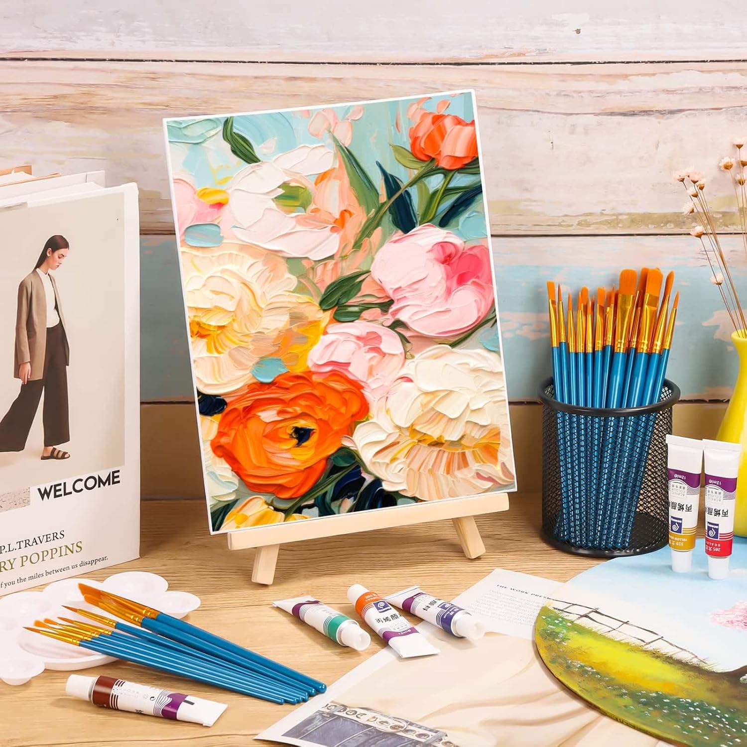 54 Pack Canvas with Easel Set 8 x 10 Inch Canvas Boards with Wooden Easels, Paint Brushes Canvas Panel Painting Kit for Acrylic Oil Watercolor Beginners Art Crafts Sip and Paint Party - Image 7