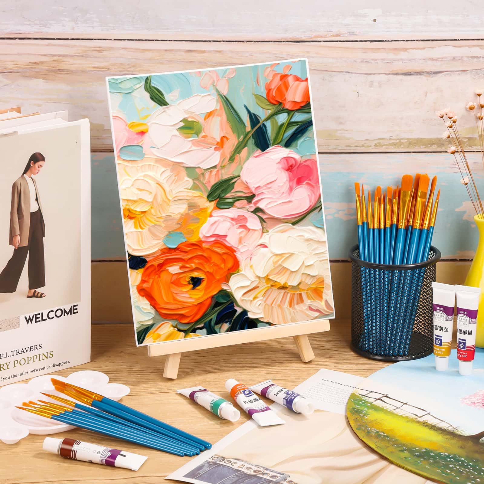 Lot de 54 toiles avec chevalet - Ensemble de toiles de 20,3 x 25,4 cm avec chevalets en bois, pinceaux, kit de peinture sur panneau de toile pour peinture acrylique, à l'huile, aquarelle, débutants