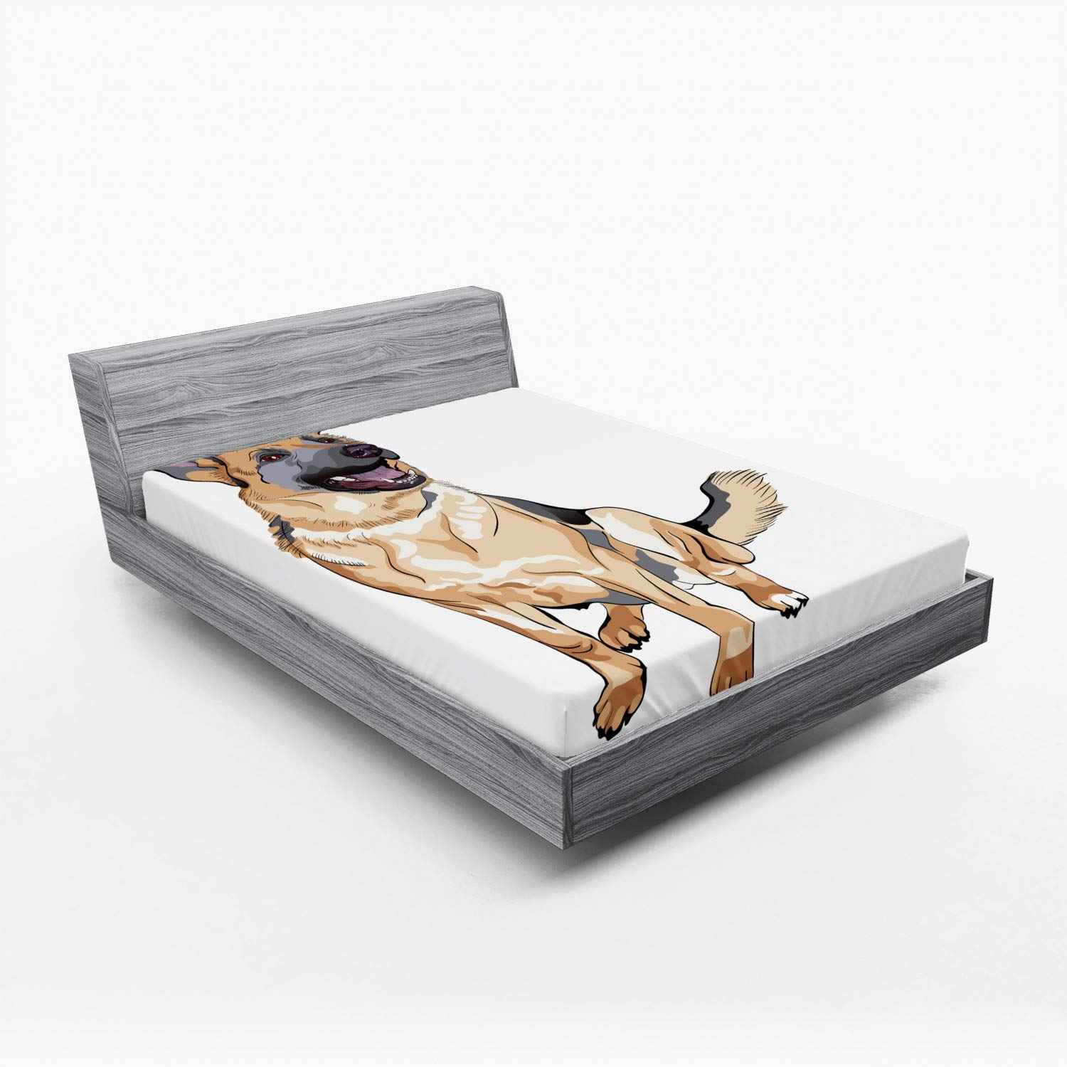 Lunarable German Shepherd Fitted Sheet, Dog Sitting and Smiling in Cartoon Drawing Service Animal Design, Bed Cover with All-Round Elastic Deep Pocket for Comfort, King Size, Brown Grey