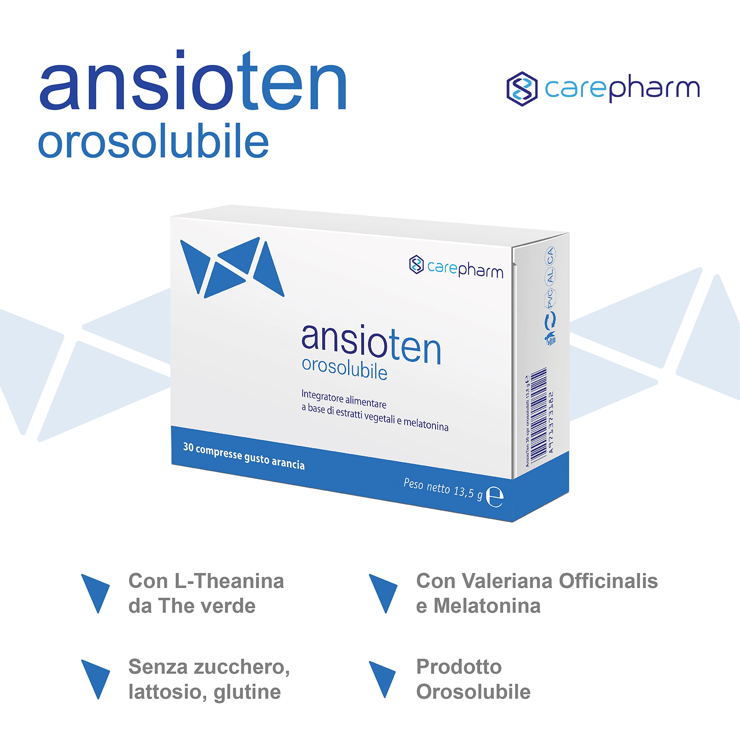 Carepharm, Ansioten Orosolubile, 30 Compresse di Integratore Alimentare a Base di Estratti Vegetali, Gusto Arancia, Favorisce il Rilassamento in Caso di Stress, Senza Zuccheri, Senza Lattosio, 30 g