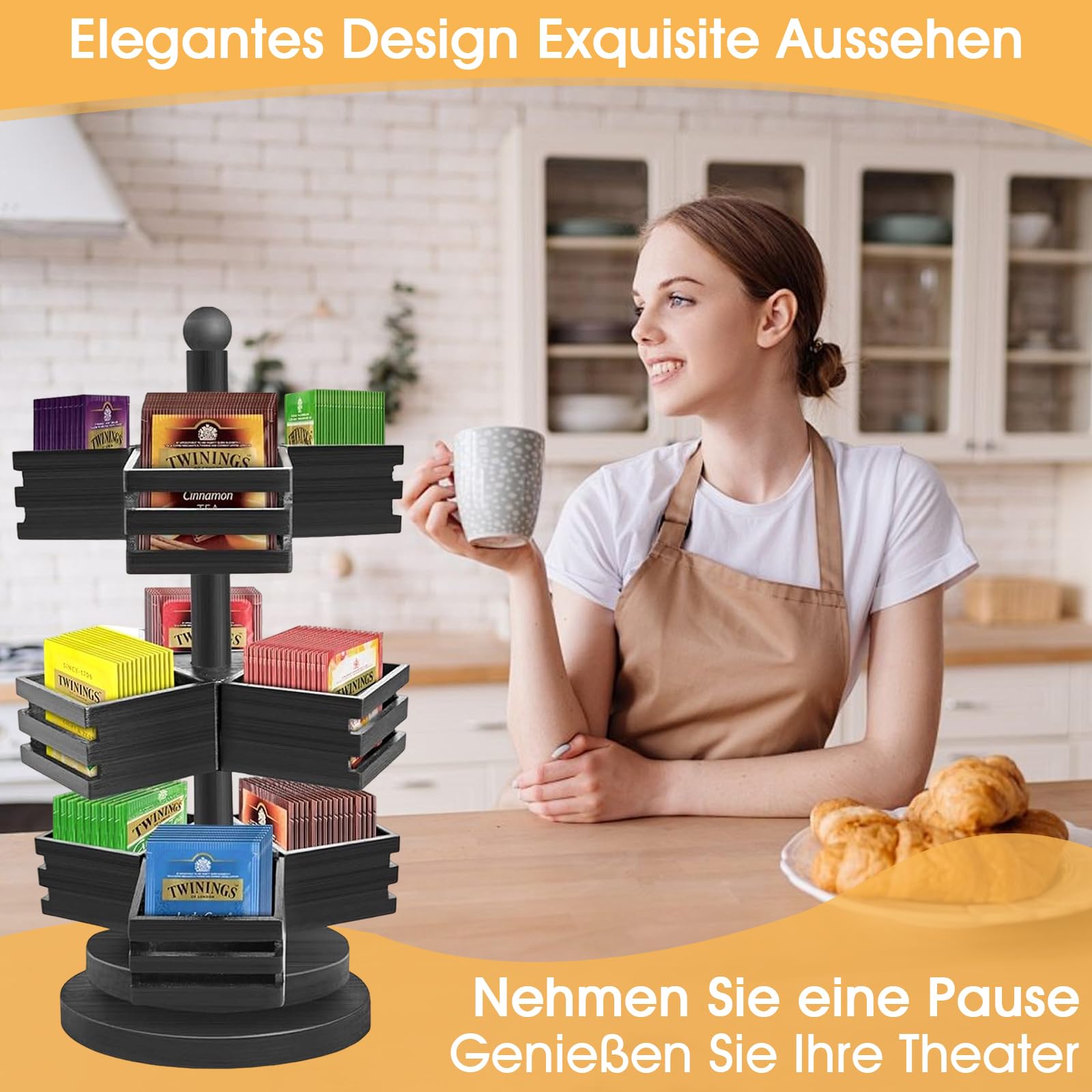 Organizer per bustine da tè, in bambù, a 3 ripiani, girevole a 360°, con 9 scomparti, per cucina, piano di lavoro, ufficio, caffè, zucchero (nero)