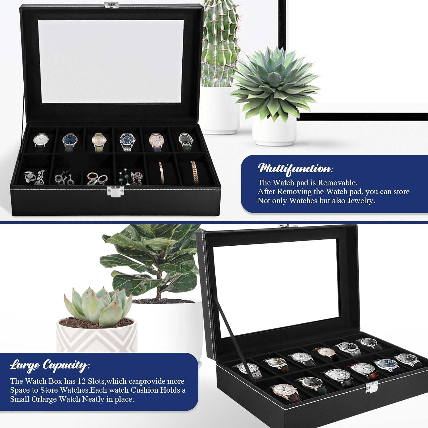 Caja de Relojes con Tapa de Cristal y Cojín Extraíble 12 Ranuras Organizador