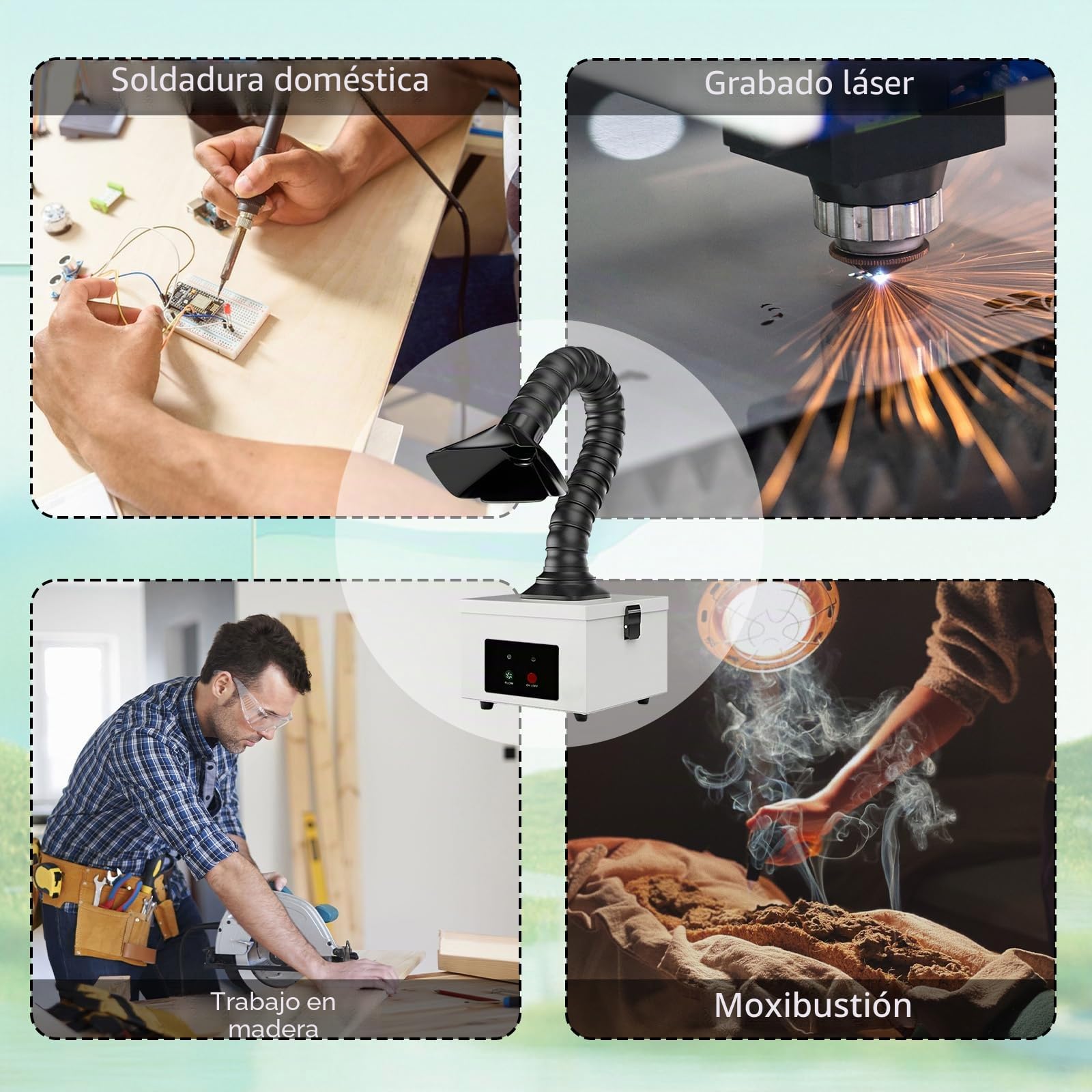 Extractor de humos de 45W con filtro complejo 2 en 1, aspirador de escritorio 207 m³/h con 4 prefiltros adicionales, purificador portátil para humos de soldadura, vapores láser y polvo fino (Blanco)