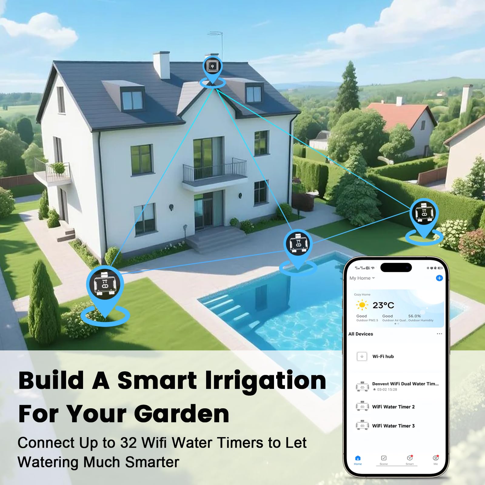 Temporizador de agua WiFi para manguera de jardín con entrada de latón, temporizador inteligente de manguera con concentrador WiFi, aplicación y control de voz, hasta 20 planes de riego, controlador