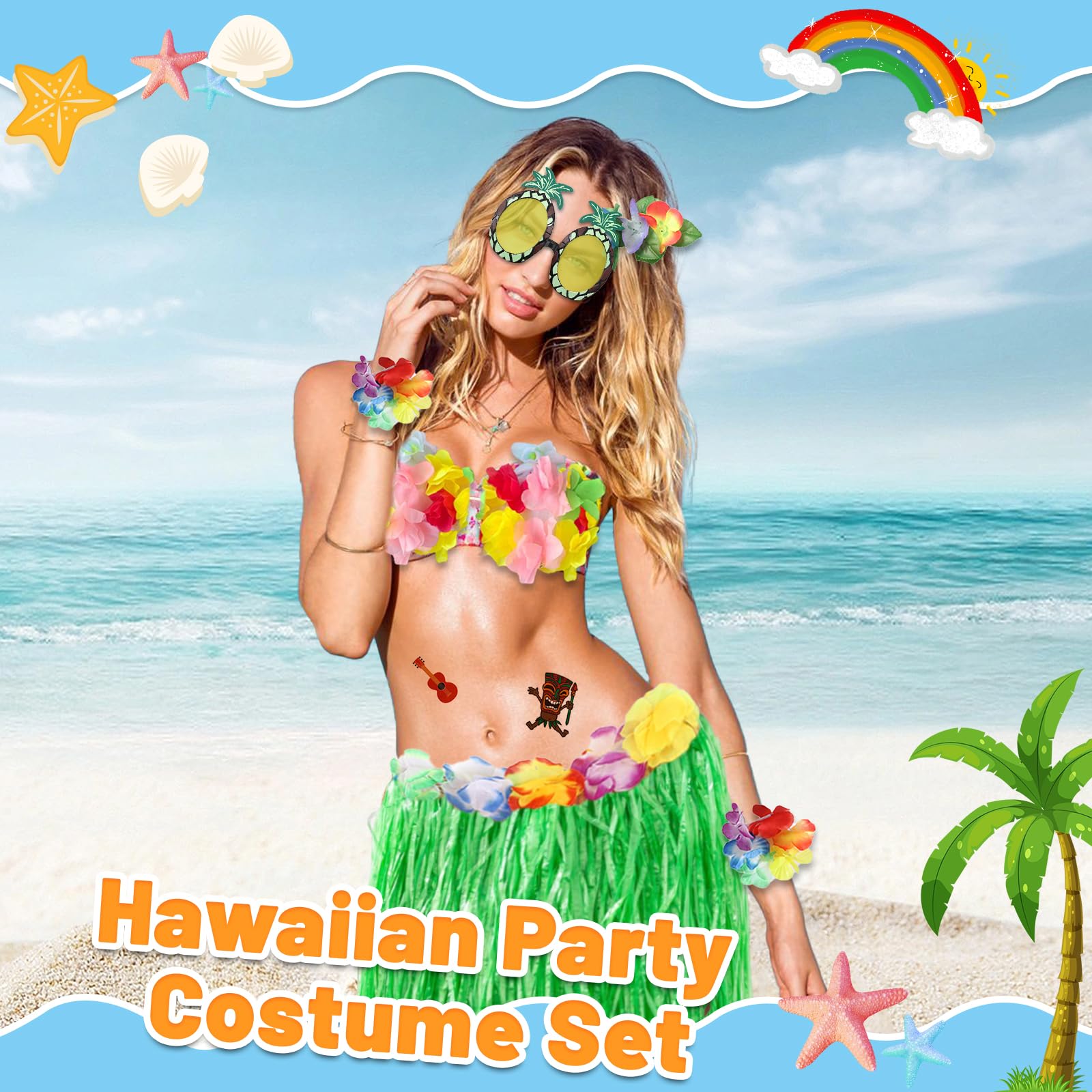 9 Pcs Hawaiian Hula Grass Skirt Set, Hawaiian Fancy Dress with Leis Grass  Skirt Garland Flower Necklace Pineapple Sunglasses for Adult Kids Summer  Beach Tropical Luau Party Decoration (Green) - BigaMart